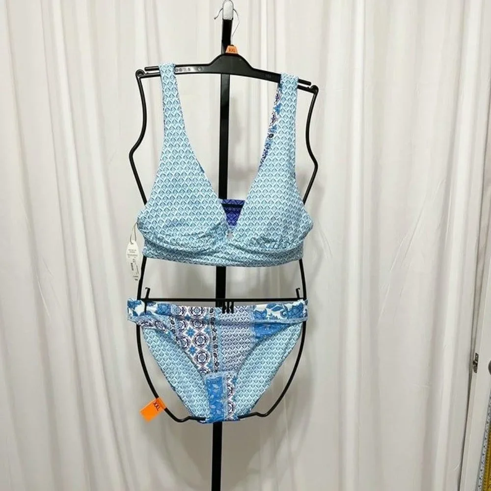 Mynah  NWT Sz L Blue Midkini  & Hipster Mid-Rise Bottom Reversible Swimsuit Set